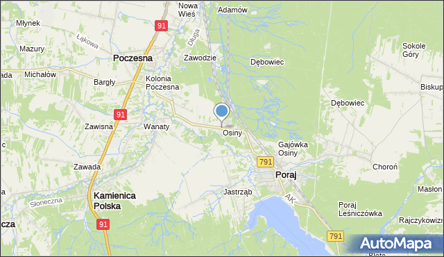 mapa Osiny, Osiny gmina Kamienica Polska na mapie Targeo